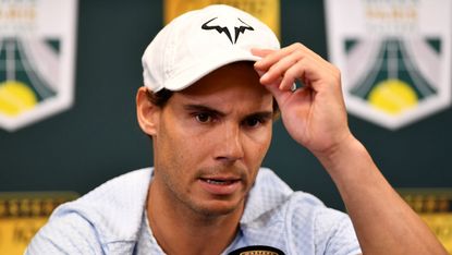 Spanish tennis star Rafael Nadal speaks to the media at the Rolex Paris Masters