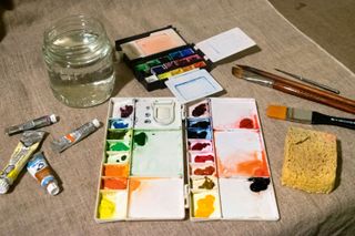 The equipment needed for a watercolour fire painting