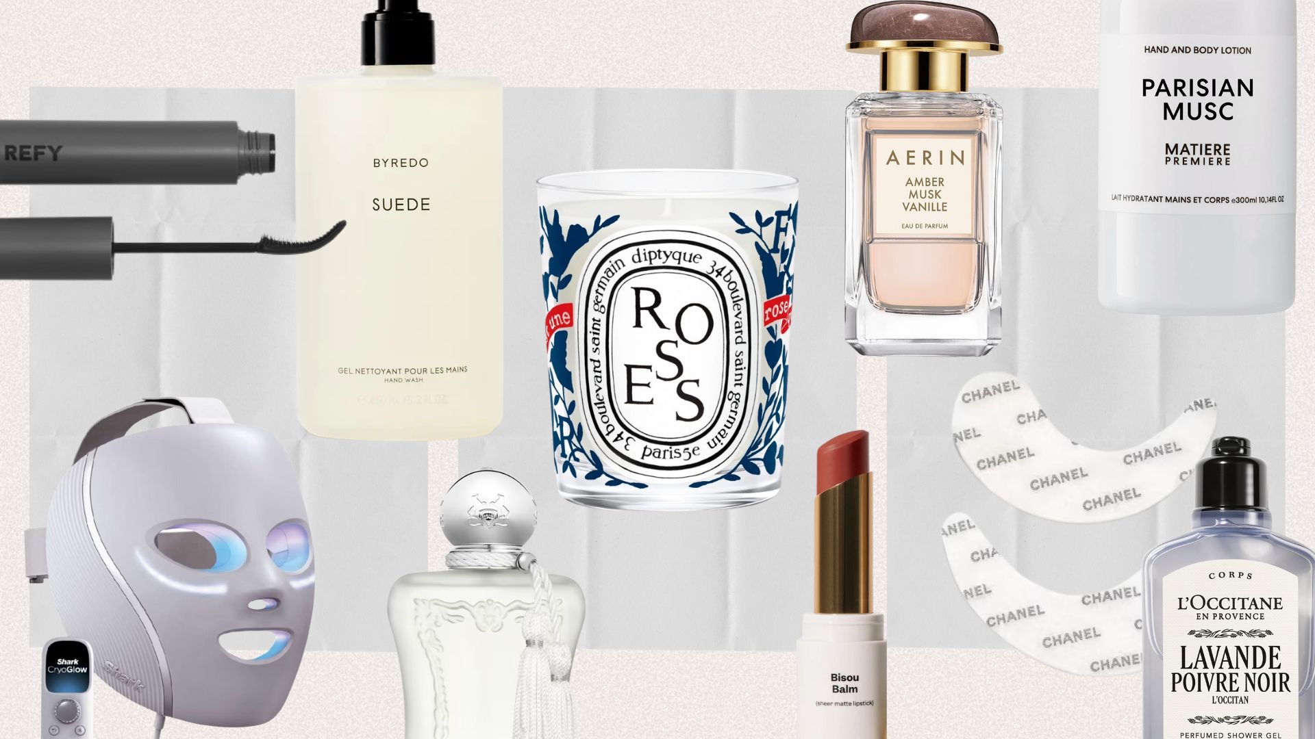 A collage of beauty products, from perfume bottles to lipstick and fragranced body products