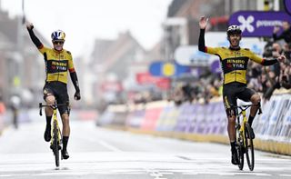 Wout van Aert and Christophe Laporte celebrate victory at the 2023 Gent-Wevelgem finish line