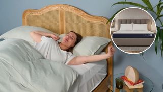 A woman waking up and stretching in bed under light green bedding with a rattan headboard. Hatch sunrise alarm clock and a glass of water sits on a glass table beside the bed. Circular inset image showing a Sleep Number smart mattress with "ComfortMode" controls.