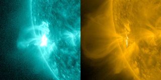 On the left, NASA's Solar Dynamics Observatory shows the magnetic rope as the thick looped structure extending above the edge of the sun. On the right, SDO observes as the surrounding cool magnetic field lines are pushed away by the intruding magnetic rop