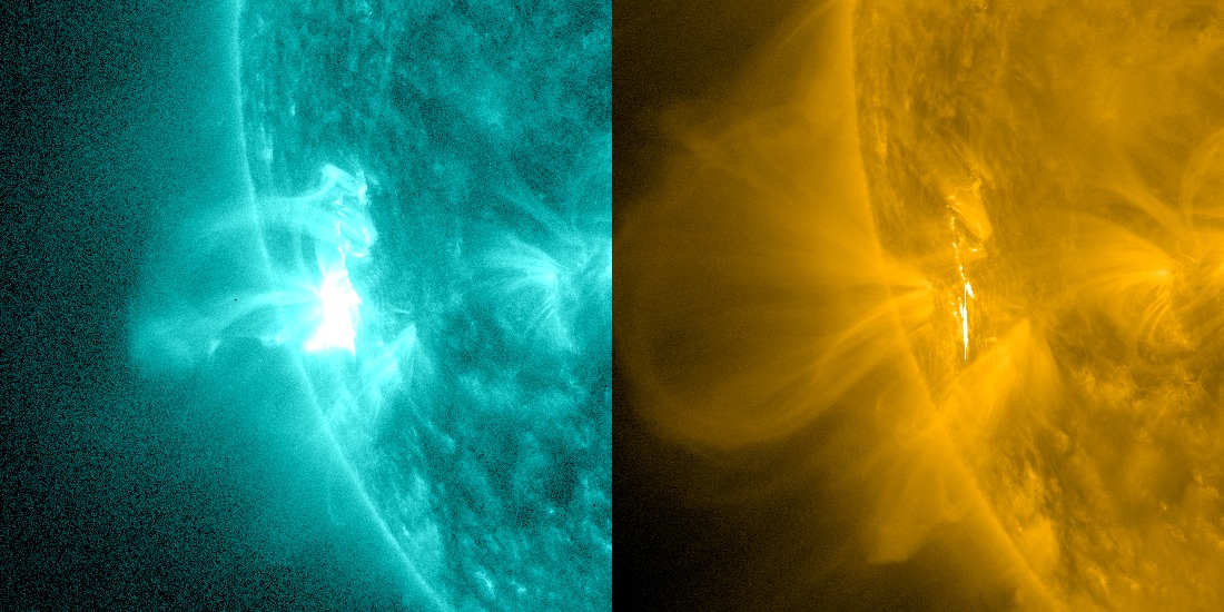 On the left, NASA&#039;s Solar Dynamics Observatory shows the magnetic rope as the thick looped structure extending above the edge of the sun. On the right, SDO observes as the surrounding cool magnetic field lines are pushed away by the intruding magnetic rop