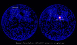 A gamma ray burst (the bright spot in the circle on the right) was captured by the Fermi Gamma Ray Telescope's LAT instrument. Left: The sky during a 3-hour interval before GRB 130427A. Right: A 3-hour map ending 30 minutes after the burst. Scientists may soon be able to use laboratory laser facilities to probe the fundamental physics behind these cosmic explosions.
