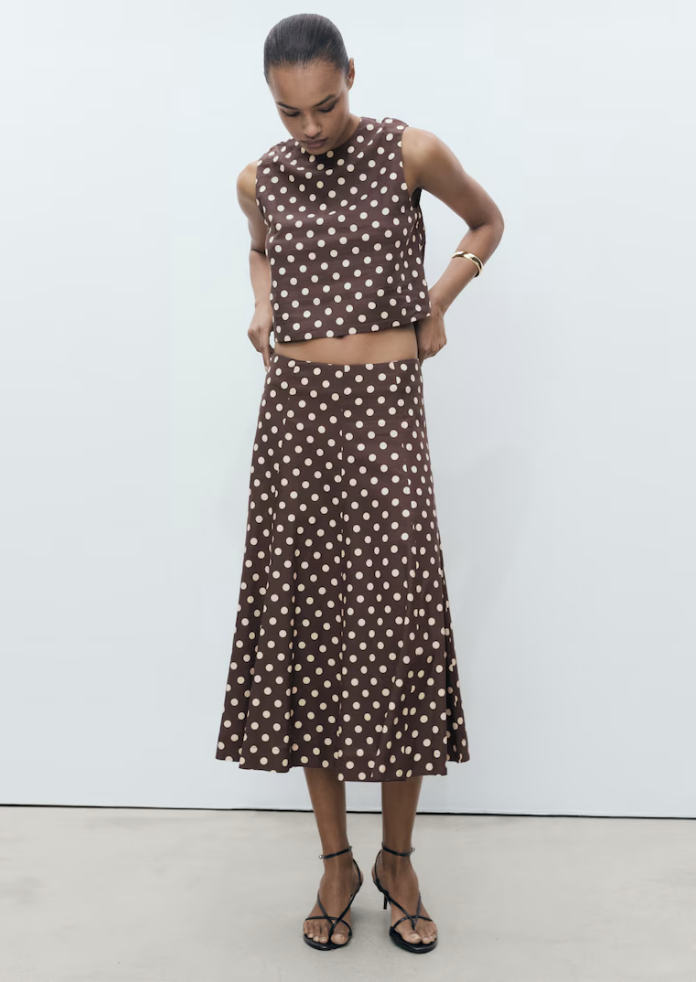 MANGO, Flared Linen Skirt With Polka Dots 