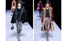 Left sees zebra print trousers and oversized puff. Right, a leopard print long coat and shimmery disco pants