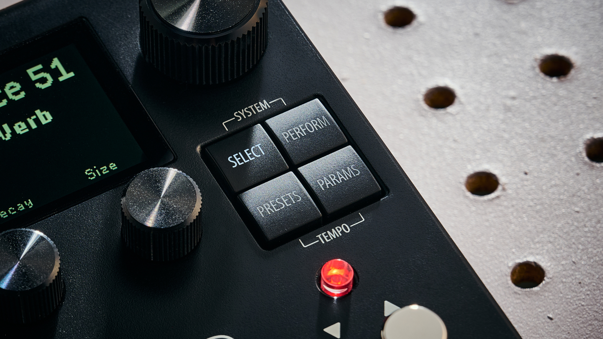 Close up of four buttons on the Eventide H9 Harmonizer Gen 2 multi-effects pedal