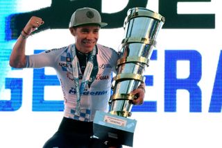 Colombias Miguel Angel Lopez celebrates at the podium of the Vuelta a San Juan 2023 in San Juan Argentina