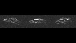 These three separate radar images of asteroid 2011 UW158 show how the asteroid was tumbling as it flew by Earth on July 19, 2015.