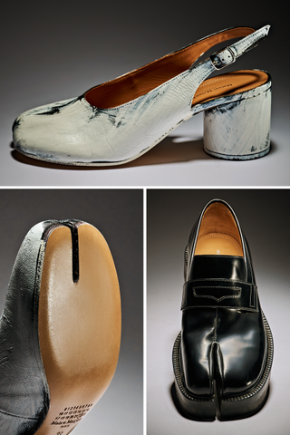 3 image comp - top side profile pump shoe, bottom left sole detail, bottom right front profile black shoe