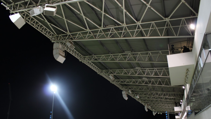 New amplifiers hang for a night match at AEK Arena.