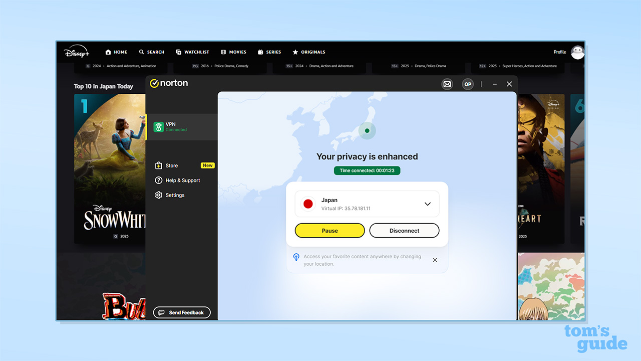 Screenshot of Norton VPN unblocking Disney Plus when connected to a Japan server