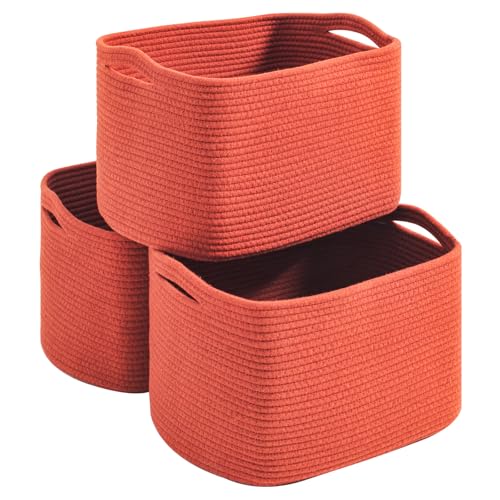 Dcerzxzci Storage Baskets for Organizing Shelves, Woven Cotton Rope Basket for Storage, Dog Toy Baskets Storage Kids, Cute Shelf Basket for Living Room Bedroom, 14.8"×11"×9.5", Pack of 3, Brick Red