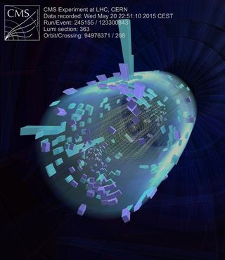 Protons collide at 13 tera-electronvolts, sending showers of particles through the CMS detector inside the Large Hadron Collider.