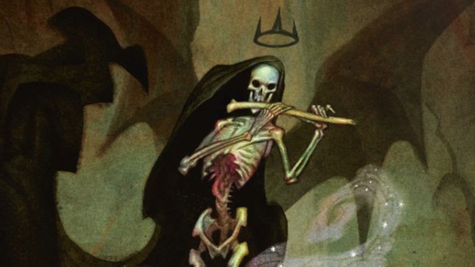 A skeletal Vaesen playing a bone flute, with dark wings, a cloak, and a floating crown
