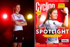 Lotte Kopecky in the rainbow jersey with the front cover of cycling weekly