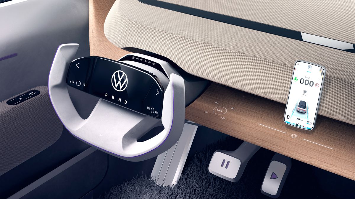 Close up look at the pedals and yoke steering wheel of the ID.LIFE concept