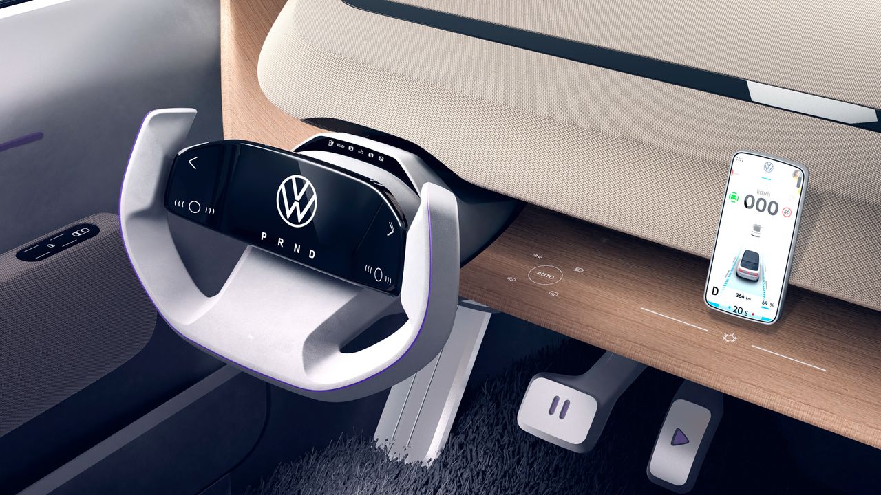 Close up look at the pedals and yoke steering wheel of the ID.LIFE concept