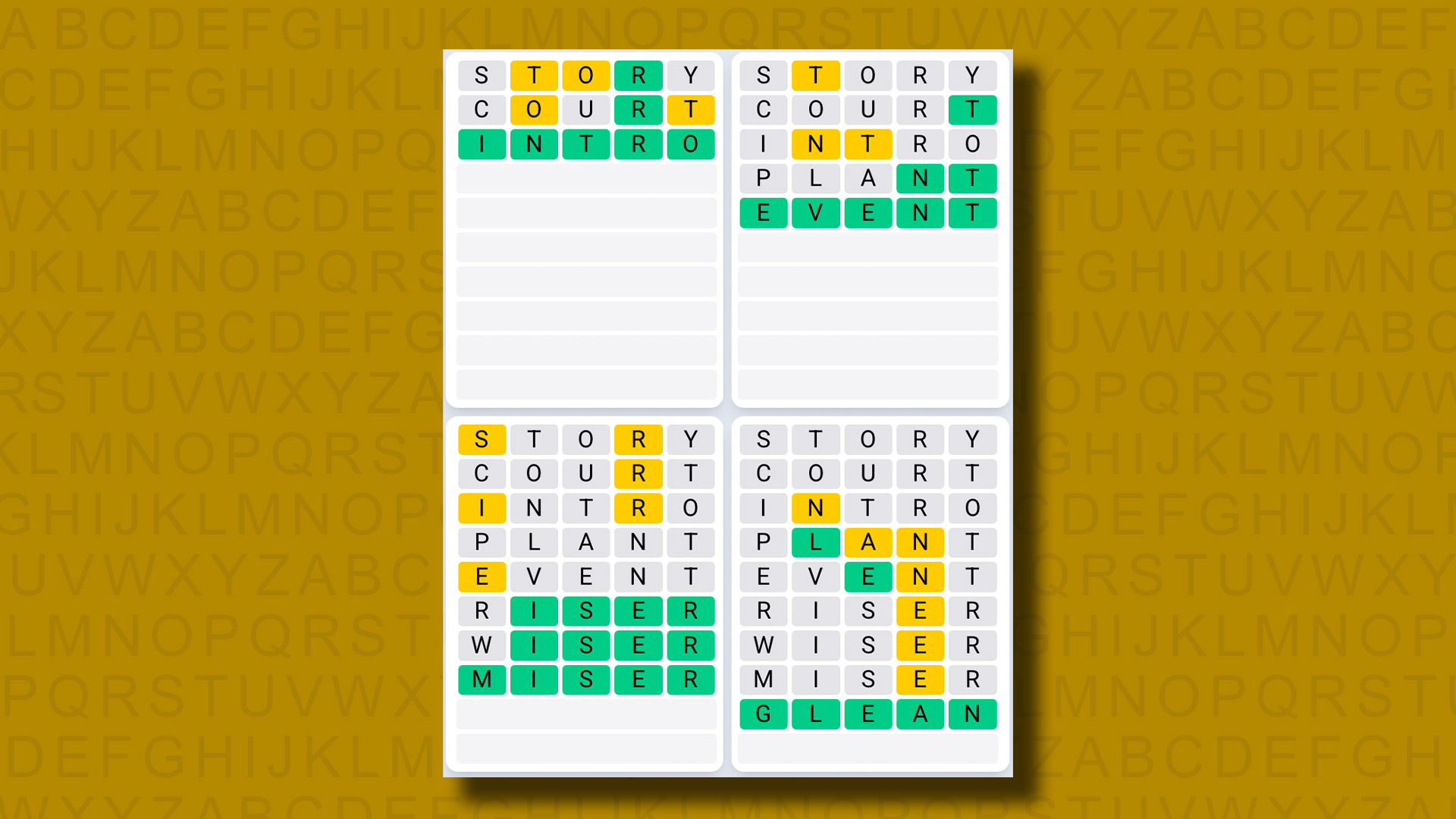 Quordle Daily Sequence answers for game 1279 on a yellow background