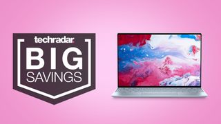 Dell XPS 13 laptop on pink background with 'big savings' text overlay