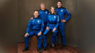 William Shatner (second from right) will fly along with three other private citizens as part of a Blue Origin suborbital spaceflight. They are: (from left) Chris Boshuizen, co-founder of the Earth-observation company Planet; Audrey Powers, Blue Origin vice president of mission and flight operations; and Glen de Vries, vice chair for life sciences and healthcare at the French software company Dassault Systèmes.