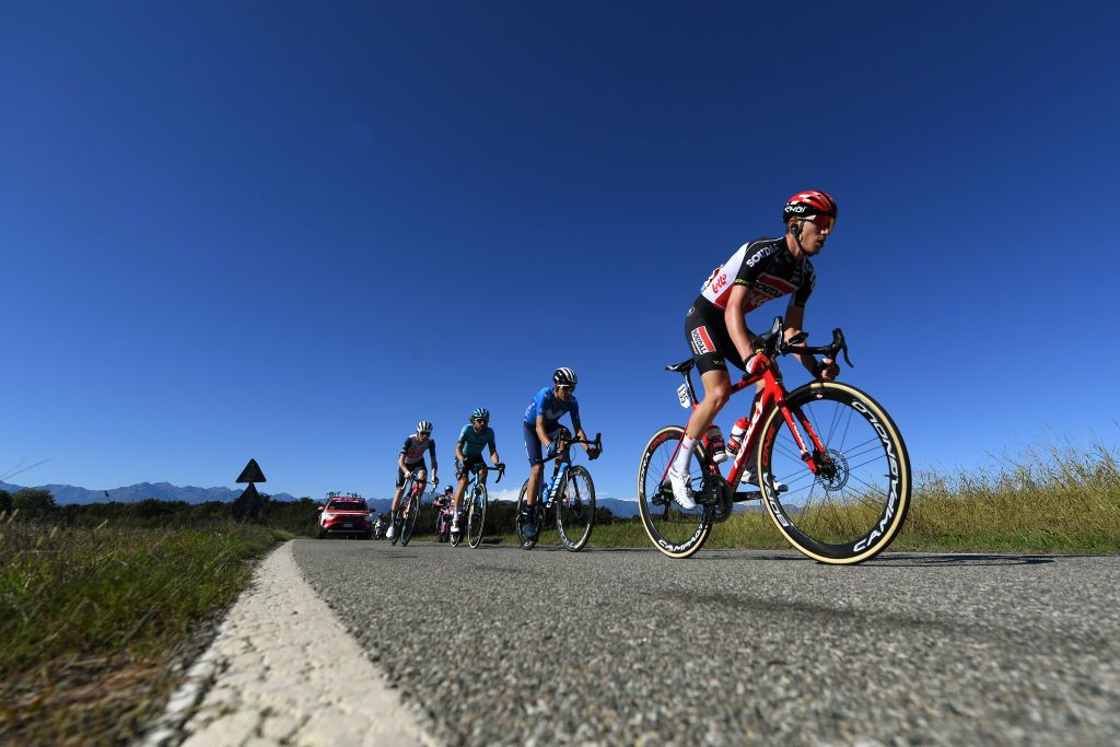 BORGOSESIA ITALY OCTOBER 07 Sylvain Moniquet of Belgium and Team Lotto Soudal competes in the Breakaway during the 105th Gran Piemonte 2021 a 168km race from Rocca Canavese to Borgosesia 350m GranPiemonte on October 07 2021 in Borgosesia Italy Photo by Tim de WaeleGetty Images