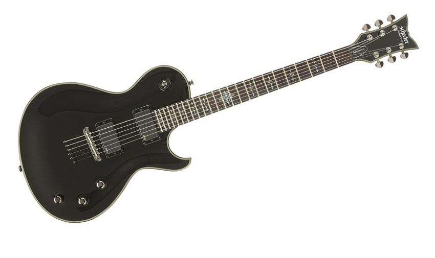 The Damien Elite Solo is a metallic black monster, with the abalone inlays the only aesthetic extravagance