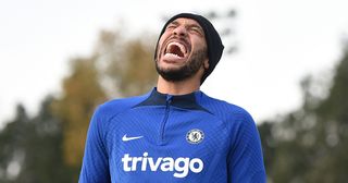 Chelsea star Pierre-Emerick Aubameyang reacts during a Training Session at Chelsea Training Ground on December 14, 2022 in Cobham, England.