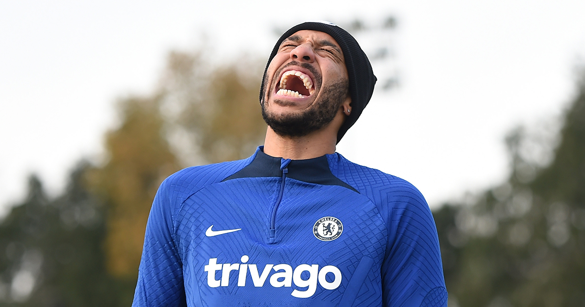 Pierre-Emerick Aubameyang of Chelsea reacts during a Chelsea FC Training Session at Chelsea Training Ground on December 14, 2022 in Cobham, England.