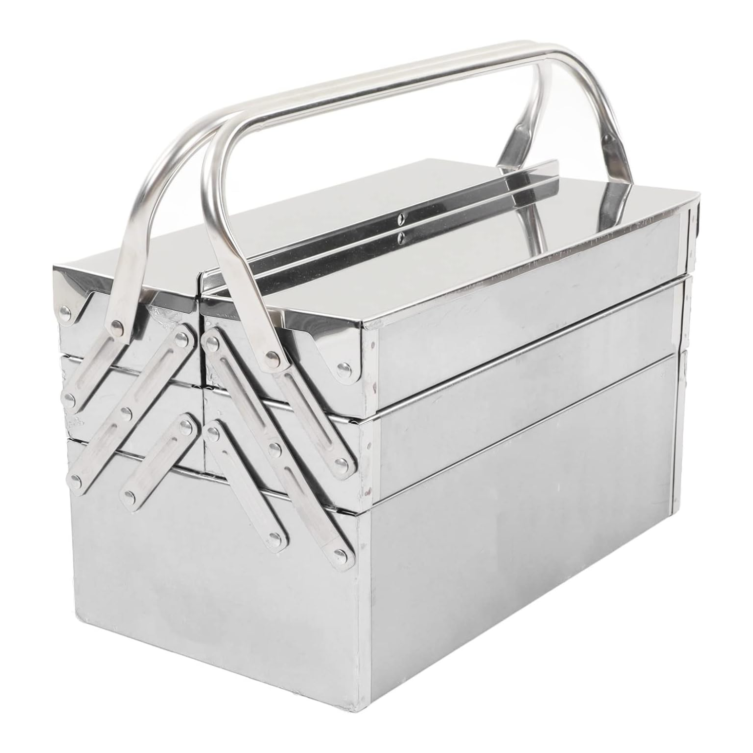 A silver tool box made from metal