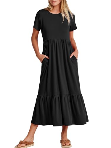 Anrabess Womens 2025 Summer Casual Maxi Dress a Line Tiered Flowy Short Sleeve Crewneck T Shirt Beach Travel Long Dresses Black Small