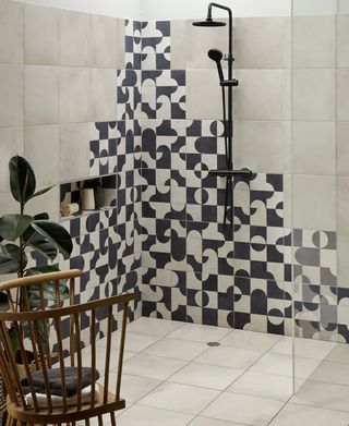 shower area with indigo tiles blocks