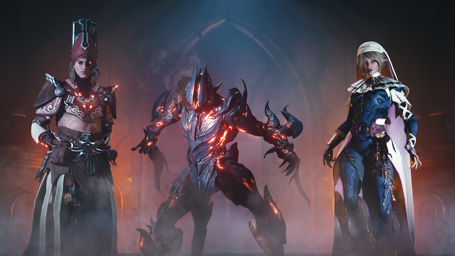 The devilish Uriel warframe flanked by Harrow and Wisp protoframes in Warframe: The Old Peace.