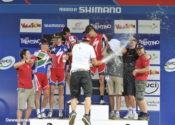 Specialized team manager Benno celebrates winning the team competition