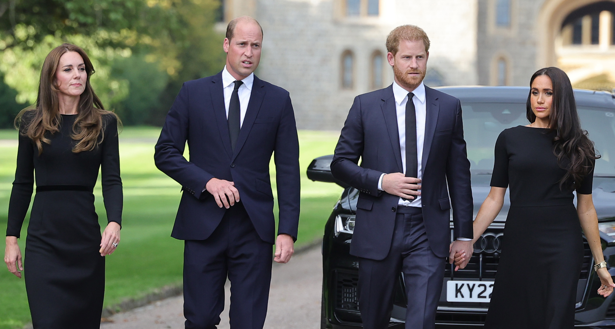 Prince Harry, Meghan Markle, Princess Kate and Prince William walking in a row