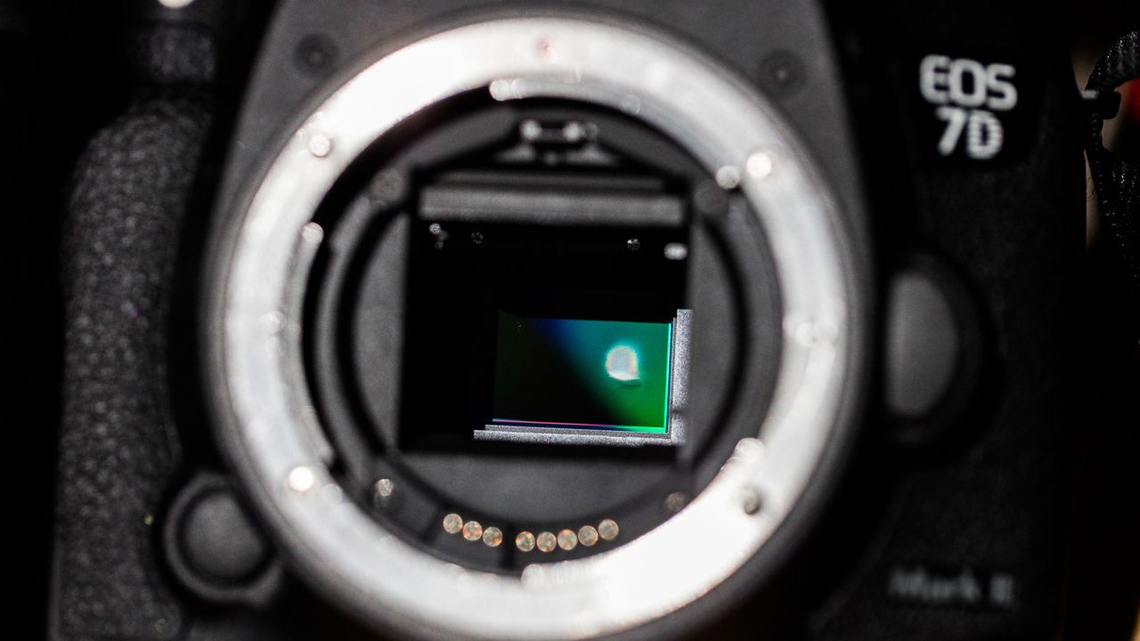 Closeup of a camera sensor damaged by exposure to the sun from the 2017 solar eclipse, damaged rental gear returned to Lensrentals.com