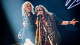 Musicians Tom Hamilton and Steven Tyler of Aerosmith perform on the Sunset Cliffs Stage during the 2016 KAABOO Del Mar at the Del Mar Fairgrounds on September 17, 2016 in Del Mar, California.