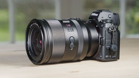 Viltrox AF 35mm F1.2 LAB Z lens for Nikon, attached to a Nikon Z6 II, on a wooden table