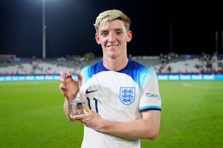 Anthony Gordon of England poses with the UEFA Under 21 Player of the Match award after the UEFA Under-21 Euro 2023 Quarter Final match between England and Portugal at Shengelia Arena