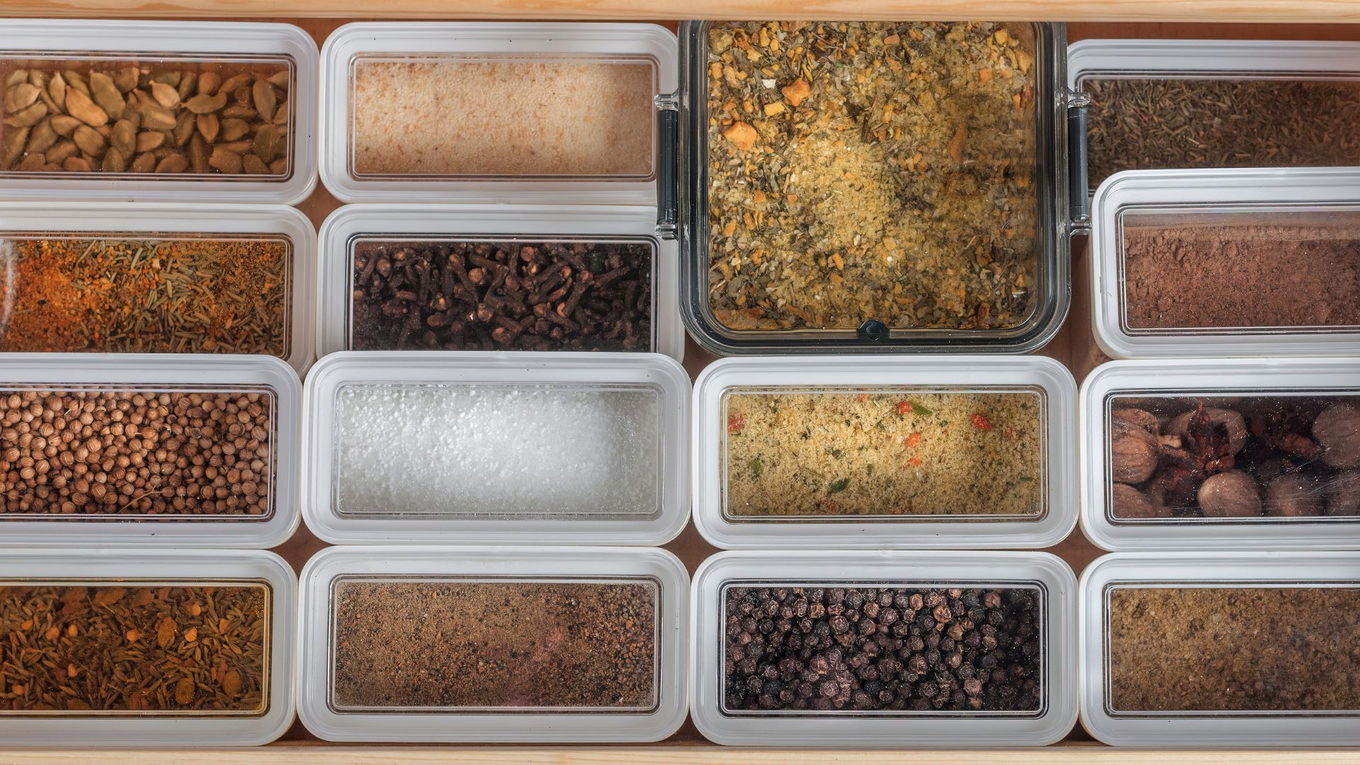 Boxes of spices and herbs