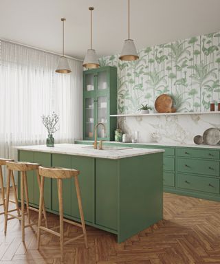 kitchen window treatment ideas, green and white kitchen, green kitchen island and cabinetry, voile curtains, warm wood floor, stools, wallpaper