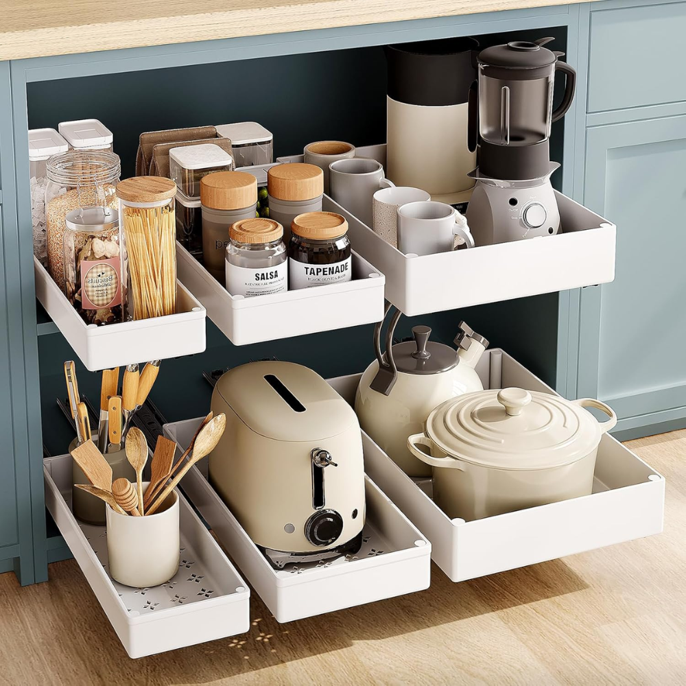 Pull out drawers with kitchen items