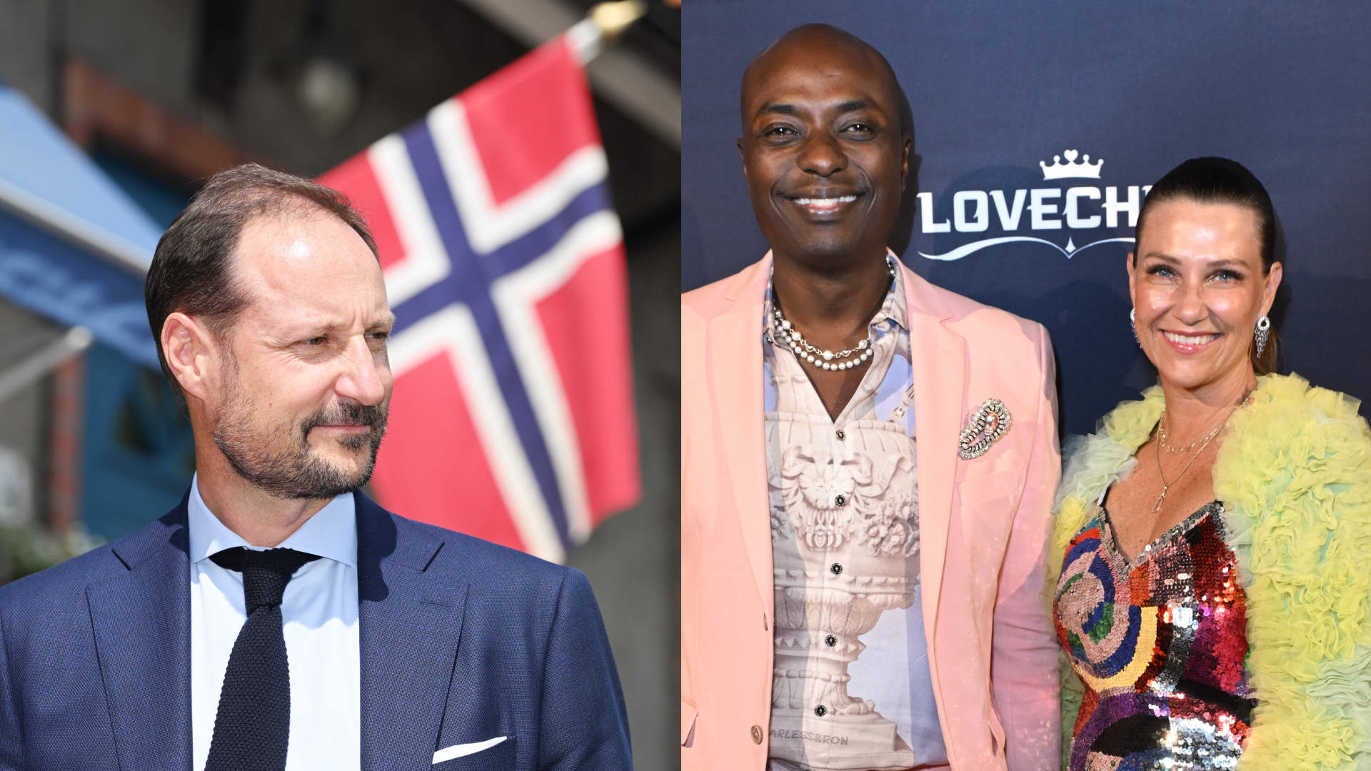 Crown Prince Haakon standing in front of a Norwegian flag and Princess Martha Louise and Durek Vurett on the red carpet