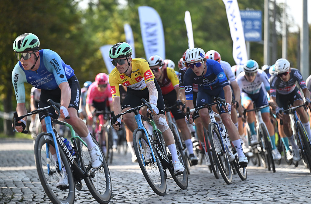 CIESZYN, POLAND - AUGUST 07: Paul Lapeira of France and Team Decathlon AG2R La Mondiale - Yellow Leader Jersey competes during the 82nd Tour de Pologne 2025, Stage 4 a 198.8km stage from Rybnik to Cieszyn / #UCIWT / on August 07, 2025 in Cieszyn, Poland. (Photo by Luc Claessen/Getty Images)