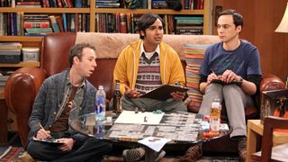 L-R: Stuart (Kevin Sussman), Raj (Kunal Nayyar) and Sheldon (Jim Parsons) in an episode of "The Big Bang Theory"