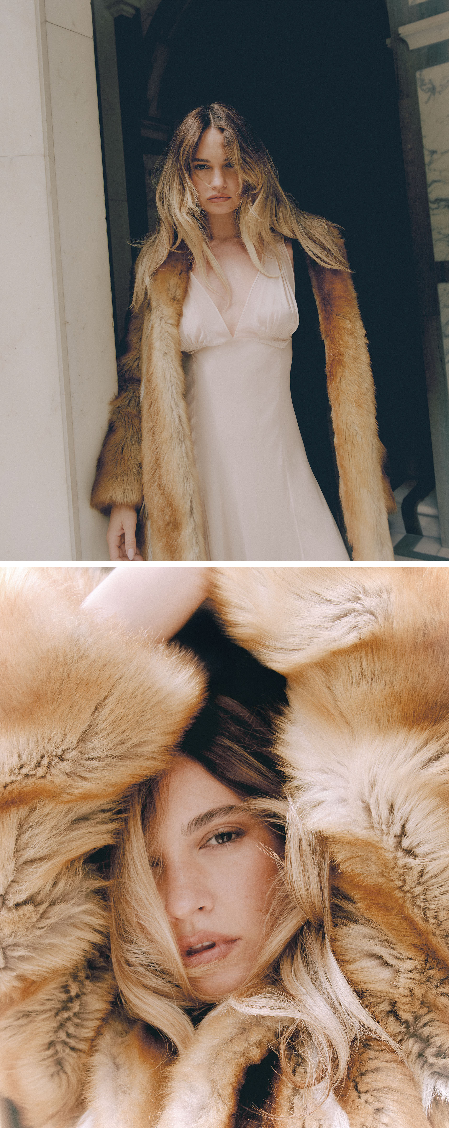 Photos of Lily James for Who What Wear's August cover story. She is wearing a brown faux-fur coat over a white dress.