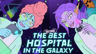 Two cartoon aliens with surgical tools stood above the viewer, with the title "The Second Best Hospital in the Galaxy" in the center bottom of the screen.