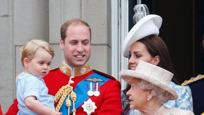 london, united kingdom june 13 embargoed for publication in uk newspapers until 48 hours after create date and time prince william, duke of cambridge, prince george of cambridge, catherine, duchess of cambridge and queen elizabeth ii stand on the balcony of buckingham palace during trooping the colour on june 13, 2015 in london, england the ceremony is queen elizabeth ii&#039;s annual birthday parade and dates back to the time of charles ii in the 17th century, when the colours of a regiment were used as a rallying point in battle photo by max mumbyindigogetty images