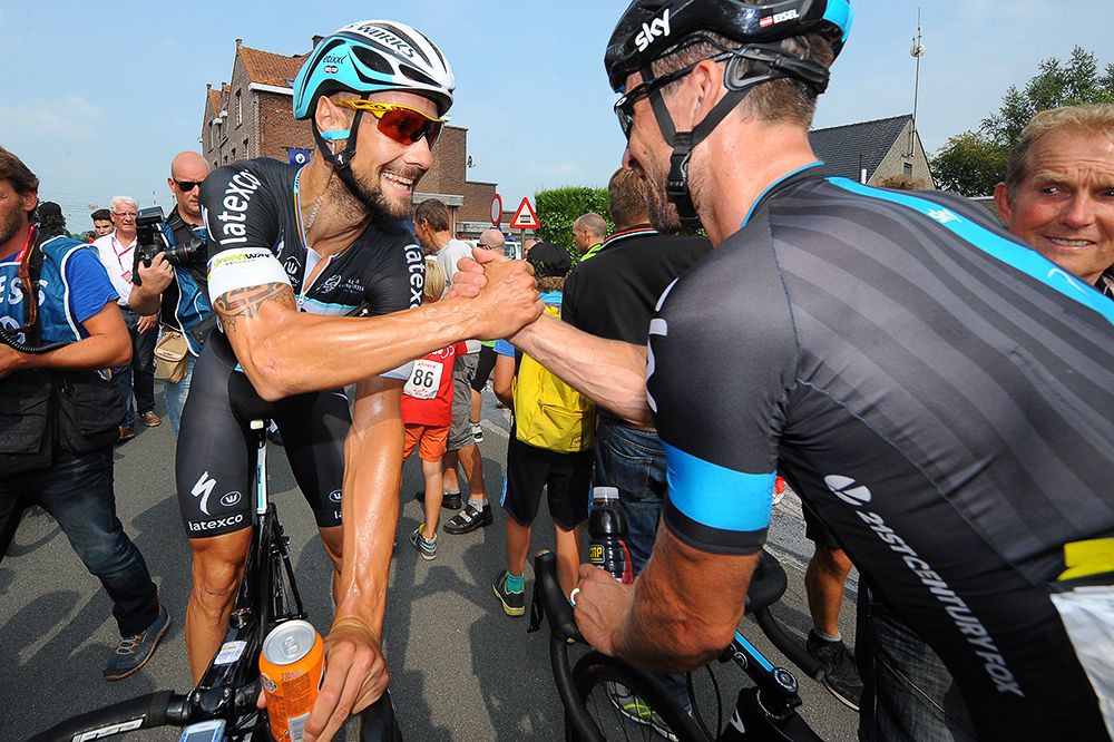 Tom Boonen is congratulated after winning stage 3 of the 2015 Eneco Tour.
