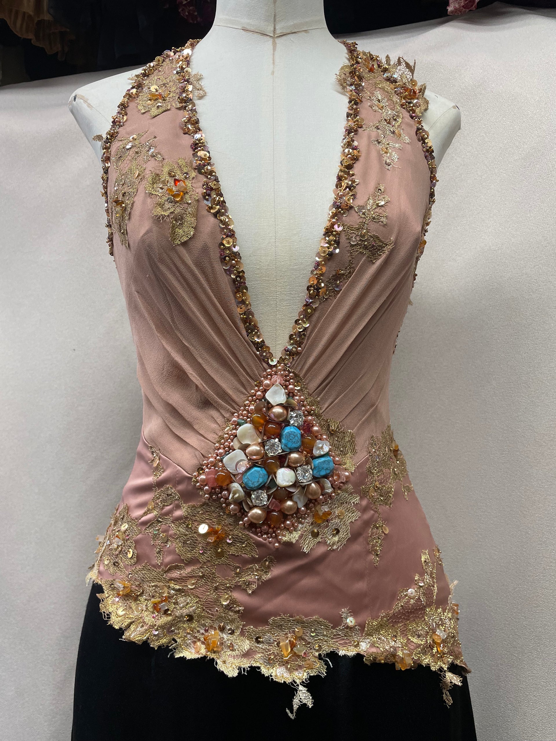 Y2k Vintage Deadstock Mandalay Halter Corset Top &amp;ndash; Blush Satin With Beading, Lace &amp;amp; Stones